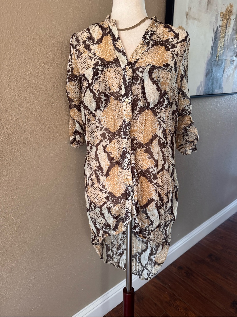 Snake-Print High-Low Button-Front Blouse - Brown - Picture 4 of 12